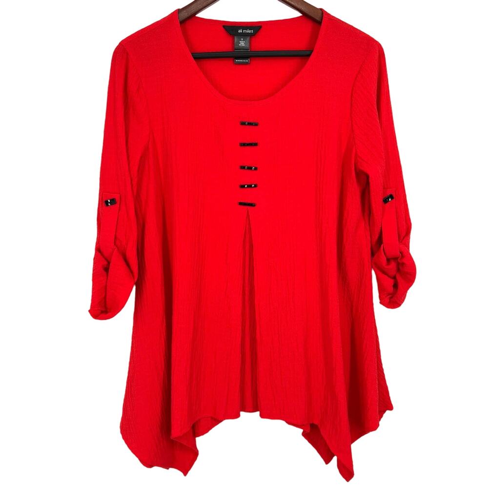 Ali Miles Womens Size Small Red Unique Blouse Shirt Top Wearable Art Abstract
